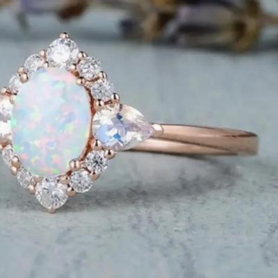 Oval Cut Opal & Moonstone halo Rose Gold Ring