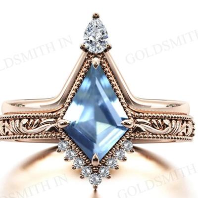 Kite Cut Aquamarine Bridal Set Rose Gold