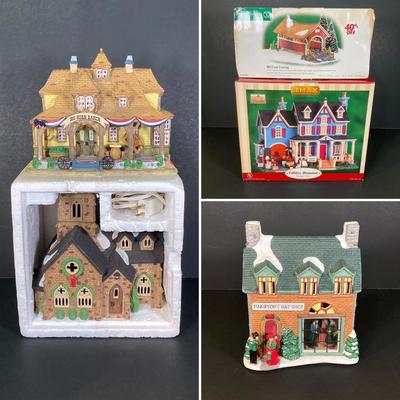LOT 246: Decorative Villages - Dept. 56, Lemax and Victorian Village - "Knottinghill Church", Mill Creek Crossing, Garage...