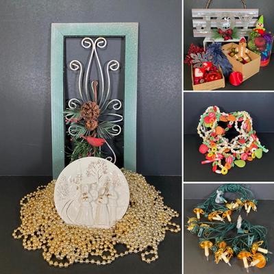 LOT 247: Holiday / Christmas Decor Collection - Foil Decorations, Glass and Plastic Ornaments, Plastic Candy Garland, Mikasa Plate,...