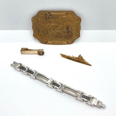 LOT 248: Stainless Steel Bracelet, American's Heroes Fire Dept Boston Belt Buckle and More