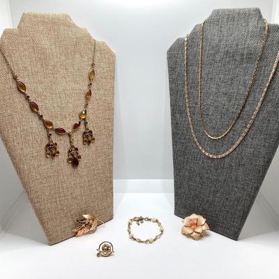 LOT 250: Vintage Sarah Coventry Bracelet, Owl / Flower / Leaf Pins, Gold Tone Chains and More