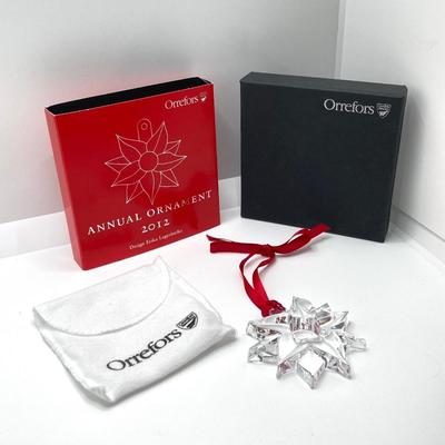 LOT 261: Pair of Wheaton Village Blown Glass Ornaments and Orrefors Crystal 2012 Annual Ornament