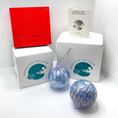 LOT 261: Pair of Wheaton Village Blown Glass Ornaments and Orrefors Crystal 2012 Annual Ornament