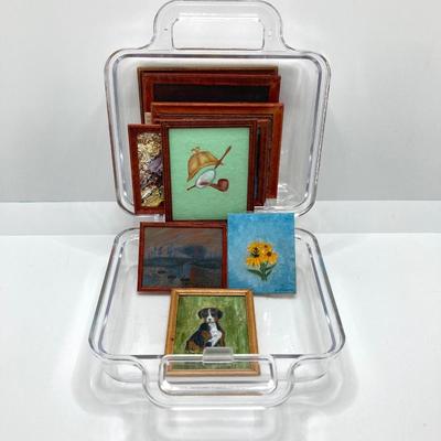 LOT 263: Sweet Collection of Miniature Artwork / Paintings by Artist Ed Steelman in Clear Plastic Storage Container