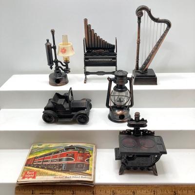 LOT 265: Collection of Bronze Decorative Pencil Sharpeners and Vintage Train and Ship Collectible Cards