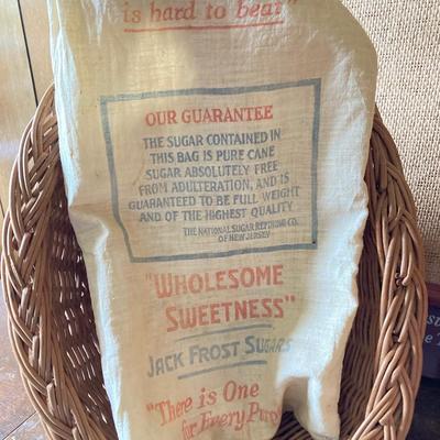 LOT 269: Vintage Wood Furkin Bucket, Sugar Sack and Wooden Chalk Board