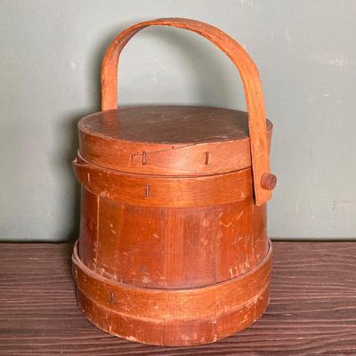 LOT 269: Vintage Wood Furkin Bucket, Sugar Sack and Wooden Chalk Board