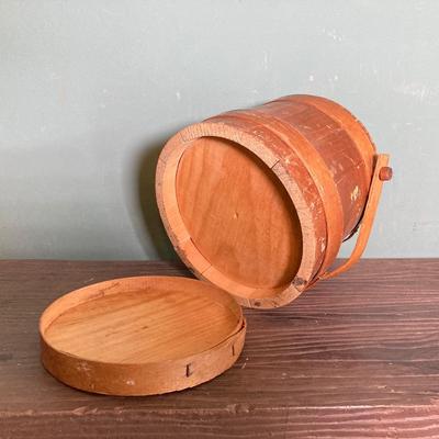 LOT 269: Vintage Wood Furkin Bucket, Sugar Sack and Wooden Chalk Board