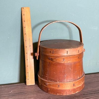 LOT 269: Vintage Wood Furkin Bucket, Sugar Sack and Wooden Chalk Board
