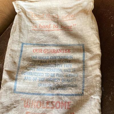 LOT 269: Vintage Wood Furkin Bucket, Sugar Sack and Wooden Chalk Board