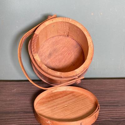 LOT 269: Vintage Wood Furkin Bucket, Sugar Sack and Wooden Chalk Board