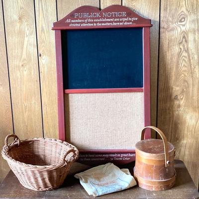 LOT 269: Vintage Wood Furkin Bucket, Sugar Sack and Wooden Chalk Board