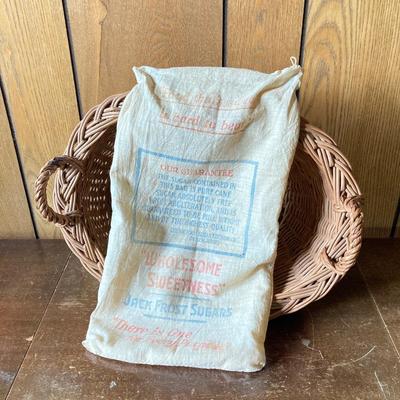 LOT 269: Vintage Wood Furkin Bucket, Sugar Sack and Wooden Chalk Board