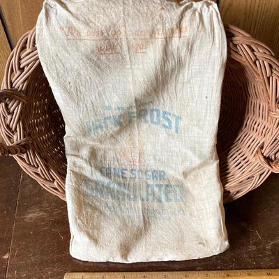 LOT 269: Vintage Wood Furkin Bucket, Sugar Sack and Wooden Chalk Board