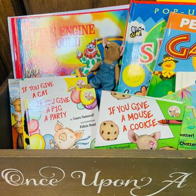 LOT 271: Wooden “Once Upon a Time” Cradle Loaded with Plush Animals and Oversized Children’s Books