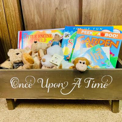 LOT 271: Wooden “Once Upon a Time” Cradle Loaded with Plush Animals and Oversized Children’s Books