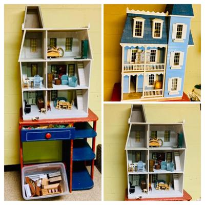LOT 274: Beautiful Victorian Style Doll House Loaded with Accessories Blue and Red Children’s Desk
