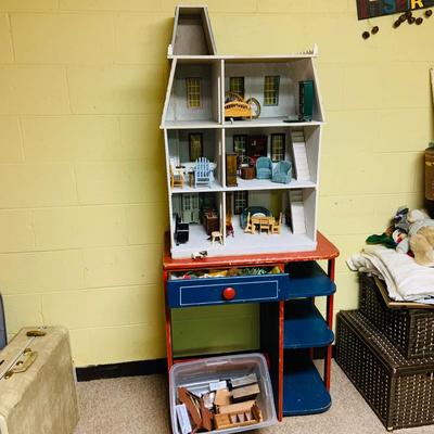 LOT 274: Beautiful Victorian Style Doll House Loaded with Accessories Blue and Red Children’s Desk