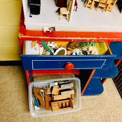 LOT 274: Beautiful Victorian Style Doll House Loaded with Accessories Blue and Red Children’s Desk