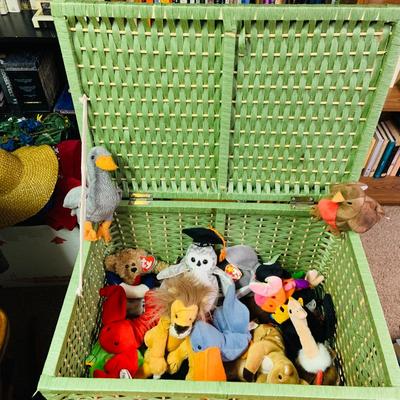 LOT 275: Green Wicker Trunk Loaded with Ty Beanie Babies and Mini Beanies