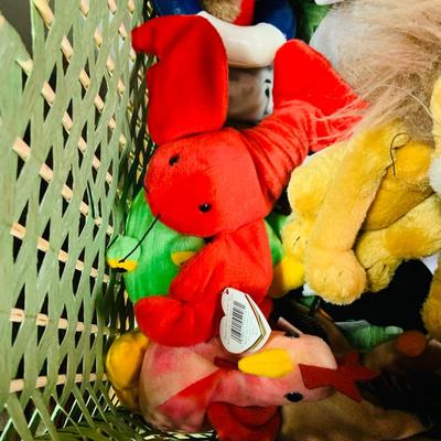 LOT 275: Green Wicker Trunk Loaded with Ty Beanie Babies and Mini Beanies