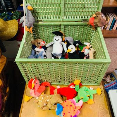 LOT 275: Green Wicker Trunk Loaded with Ty Beanie Babies and Mini Beanies
