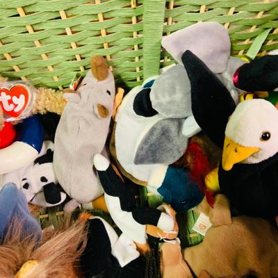 LOT 275: Green Wicker Trunk Loaded with Ty Beanie Babies and Mini Beanies
