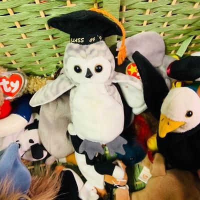 LOT 275: Green Wicker Trunk Loaded with Ty Beanie Babies and Mini Beanies
