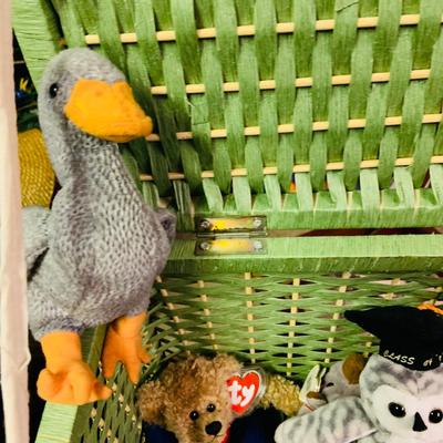 LOT 275: Green Wicker Trunk Loaded with Ty Beanie Babies and Mini Beanies