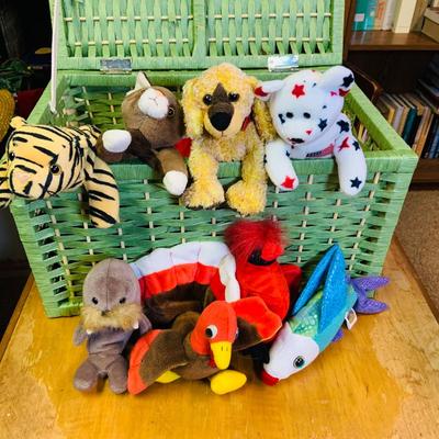 LOT 276: Basket of Beanies - Green Wicker Trunk Full of Beanie Babies and Mini Beanie