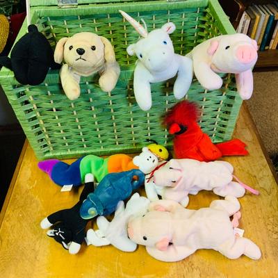 LOT 276: Basket of Beanies - Green Wicker Trunk Full of Beanie Babies and Mini Beanie