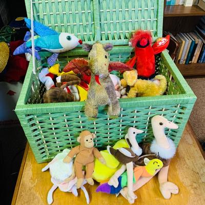 LOT 276: Basket of Beanies - Green Wicker Trunk Full of Beanie Babies and Mini Beanie