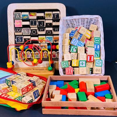 LOT 278: Early Childhood Educational Toys Featuring Wooden Alphabet Blocks, Building Blocks, Mini Curves Puzzle