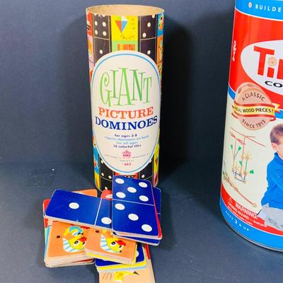 LOT 279 Vintage Tinkertoy Construction Sets, Giant Picture Dominoes and a Lincoln Log Contianer.