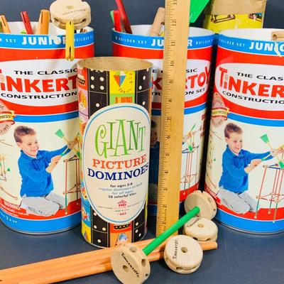 LOT 279 Vintage Tinkertoy Construction Sets, Giant Picture Dominoes and a Lincoln Log Contianer.