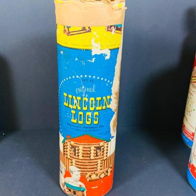 LOT 279 Vintage Tinkertoy Construction Sets, Giant Picture Dominoes and a Lincoln Log Contianer.