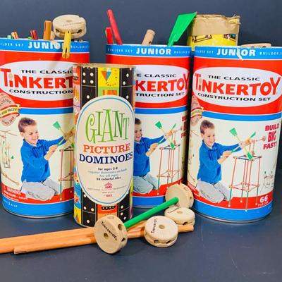 LOT 279 Vintage Tinkertoy Construction Sets, Giant Picture Dominoes and a Lincoln Log Contianer.