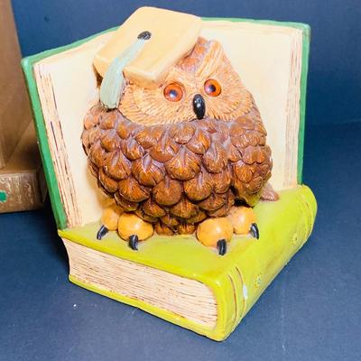 LOT 282: Who Knew - Set of Two (2) Ann’a Original 1975 Chalk Ware Professor Owl Book Ends by Dan Hughes and a Collection of “World’s...