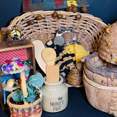 LOT 284: Bee-utful Rustic Collection of Bee Inspired Baskets, Plushes, Honey Pot, Woven Hive and Much More