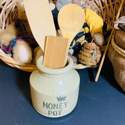 LOT 284: Bee-utful Rustic Collection of Bee Inspired Baskets, Plushes, Honey Pot, Woven Hive and Much More