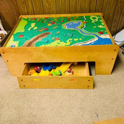 LOT 285: Thomas & Friends Wood Train Table with Drawer and Plastic Road Set