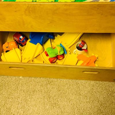 LOT 285: Thomas & Friends Wood Train Table with Drawer and Plastic Road Set
