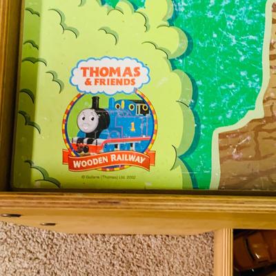 LOT 285: Thomas & Friends Wood Train Table with Drawer and Plastic Road Set