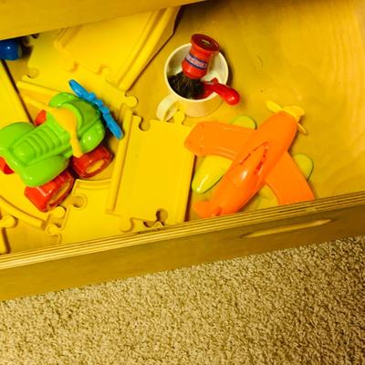 LOT 285: Thomas & Friends Wood Train Table with Drawer and Plastic Road Set