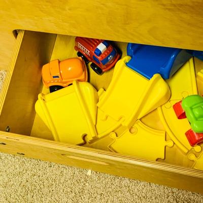 LOT 285: Thomas & Friends Wood Train Table with Drawer and Plastic Road Set