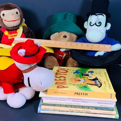 LOT 288: Collection of Plushes Curious George, Paddington, Snidely Whiplash, Dudley Do Right’s Horse, Books and More