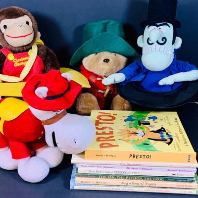 LOT 288: Collection of Plushes Curious George, Paddington, Snidely Whiplash, Dudley Do Right’s Horse, Books and More