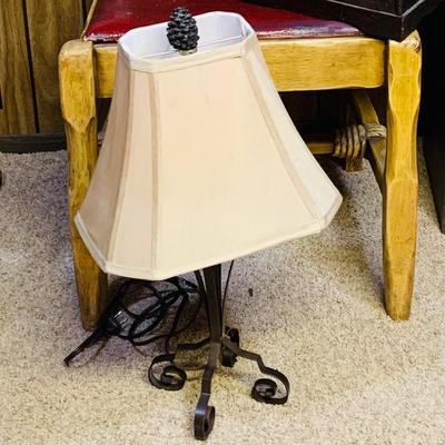 LOT 291: Vintage/Antique Coronado Monterey Style Chair with Red Leather Seat and Back, Travel Chest Style Box and Lamp