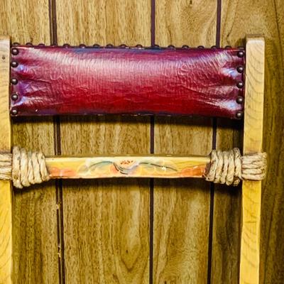 LOT 291: Vintage/Antique Coronado Monterey Style Chair with Red Leather Seat and Back, Travel Chest Style Box and Lamp